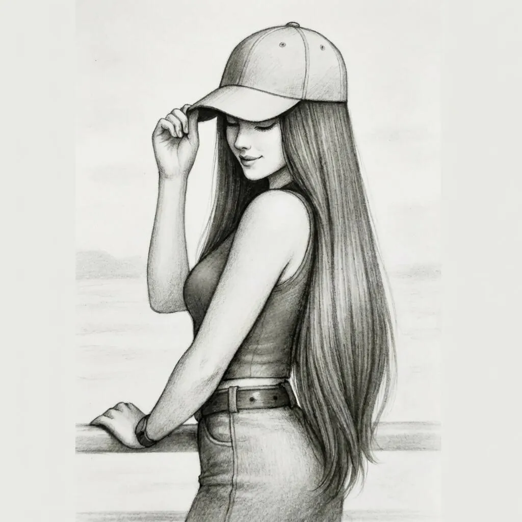 Desenho de uma jovem estilosa usando boné