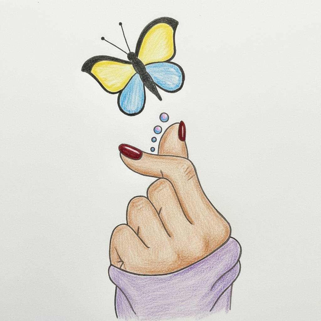 Desenho de uma mão elegante segurando uma borboleta colorida