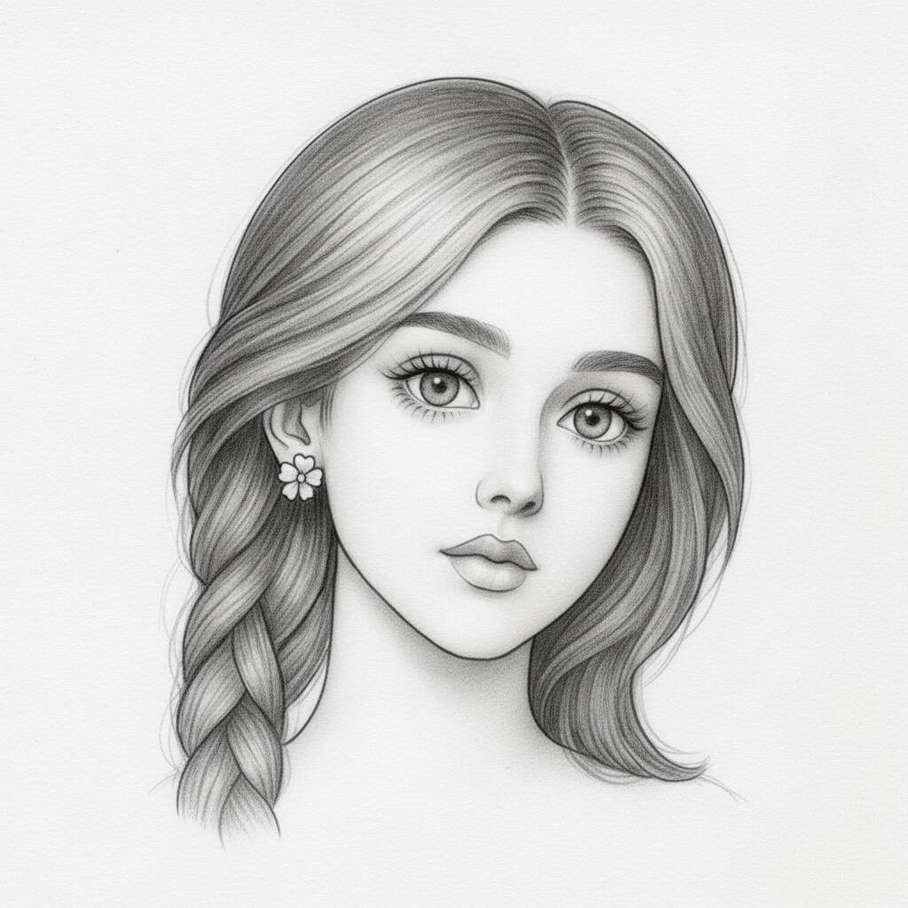 Desenho de uma menina com cabelo trançado, ideal para colorir