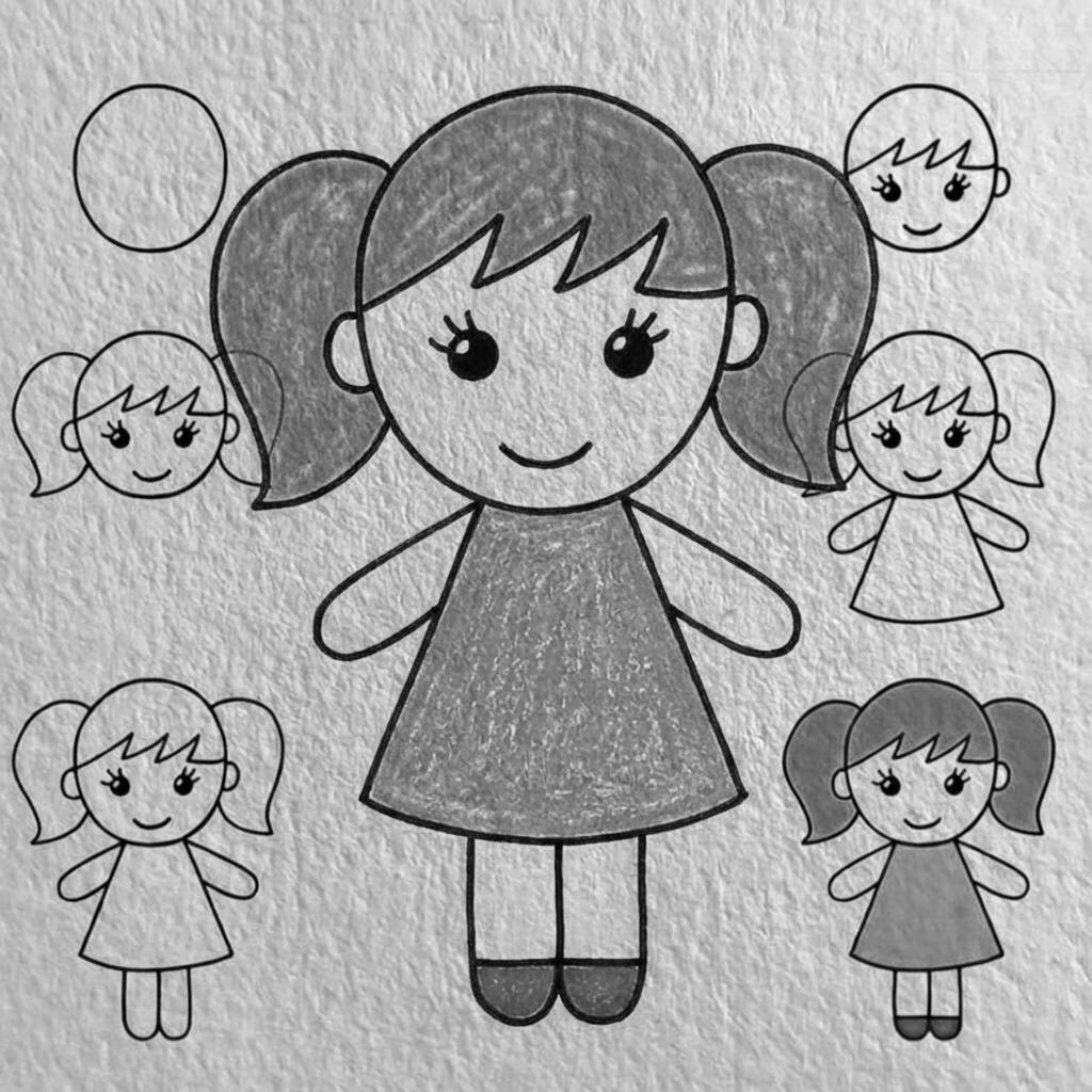 Desenho de uma menina divertida com cabelos loiros e vestido vermelho, cercada por outras meninas