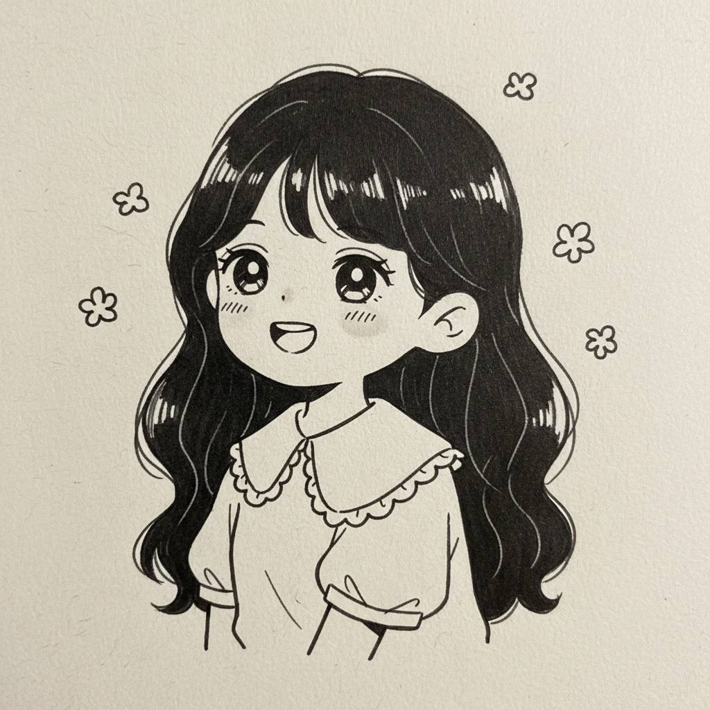 Desenho de uma menina fofa com cabelos longos e flores ao fundo
