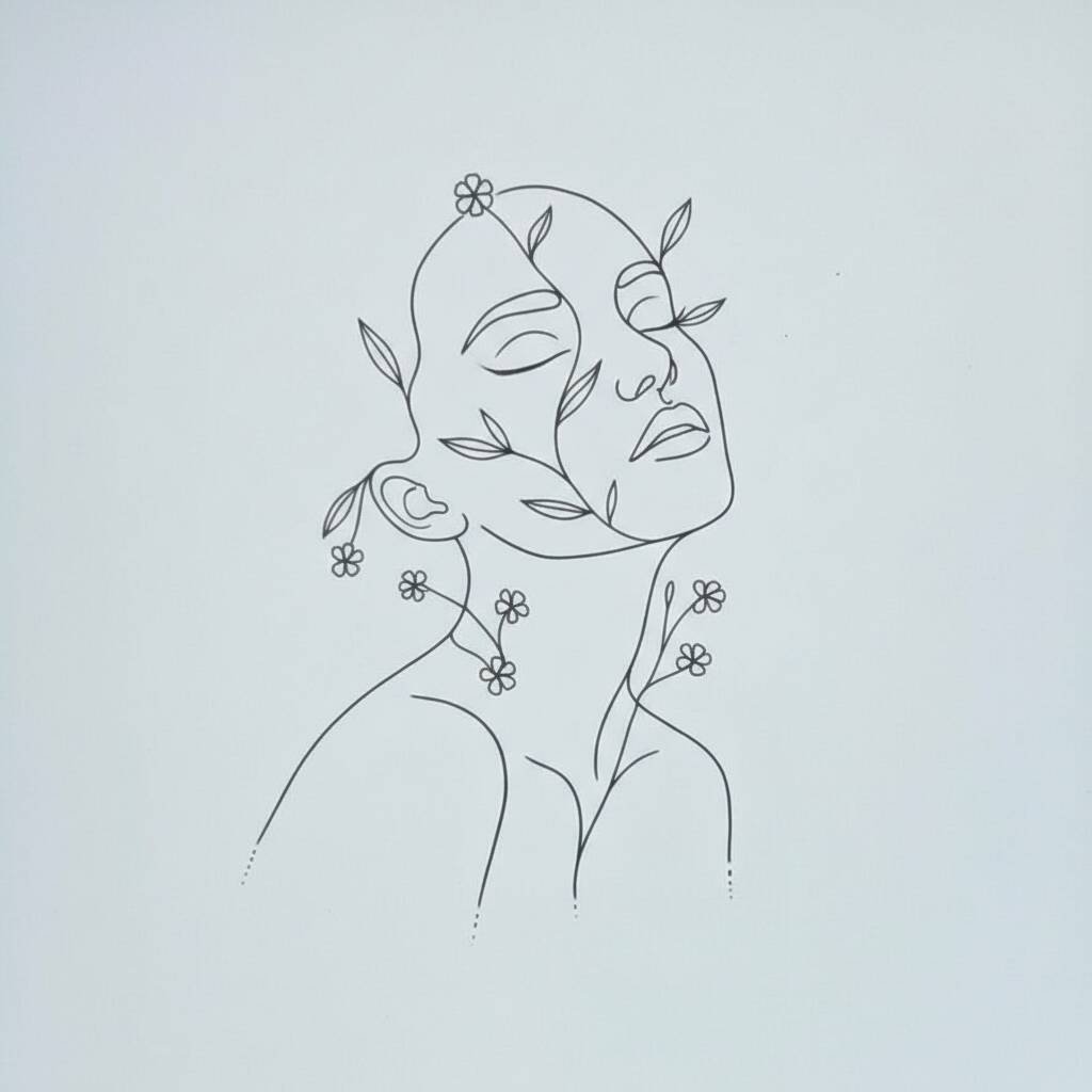 Desenho de uma mulher com flores e folhas ao redor