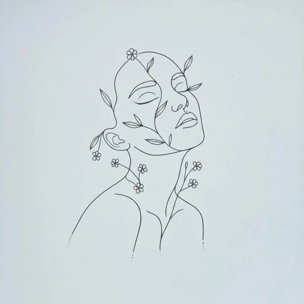 Desenho de uma mulher com flores e folhas ao redor