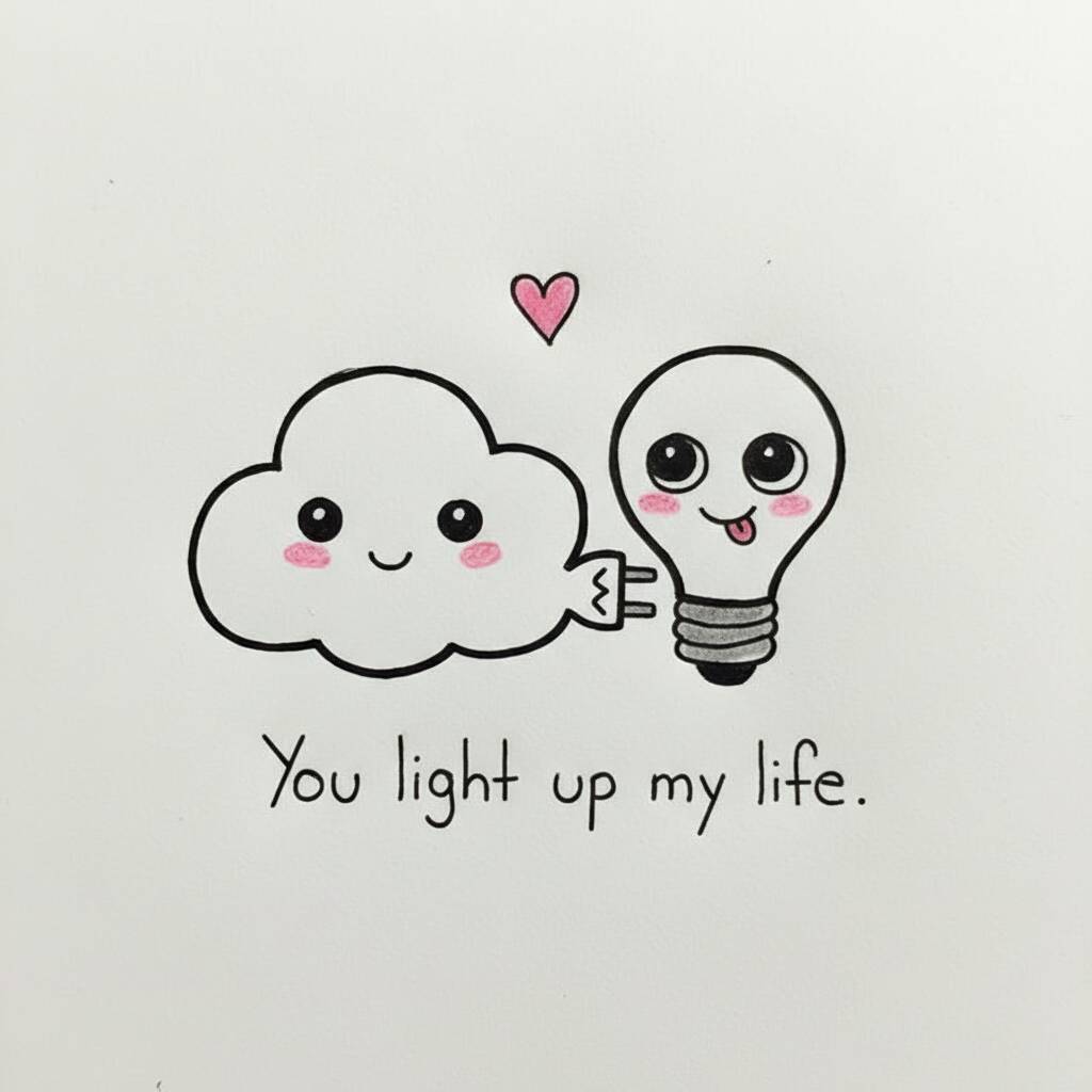 Desenho de uma nuvem e uma lâmpada sorridentes com o texto 'You light up my life.'