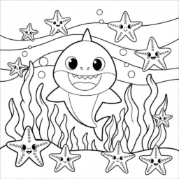 Desenho do Baby Shark com Estrelas do Mar para Colorir