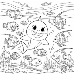 Desenho do Baby Shark com Peixes Coloridos para Colorir