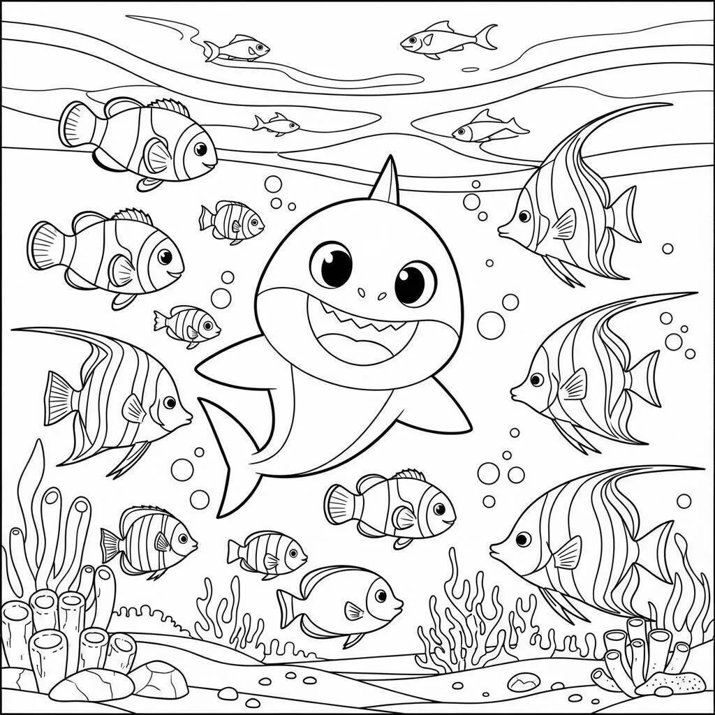 Desenho-do-Baby-Shark-com-Peixes-Coloridos-para-Colorir Desenho do Baby Shark com Peixes Coloridos para Colorir