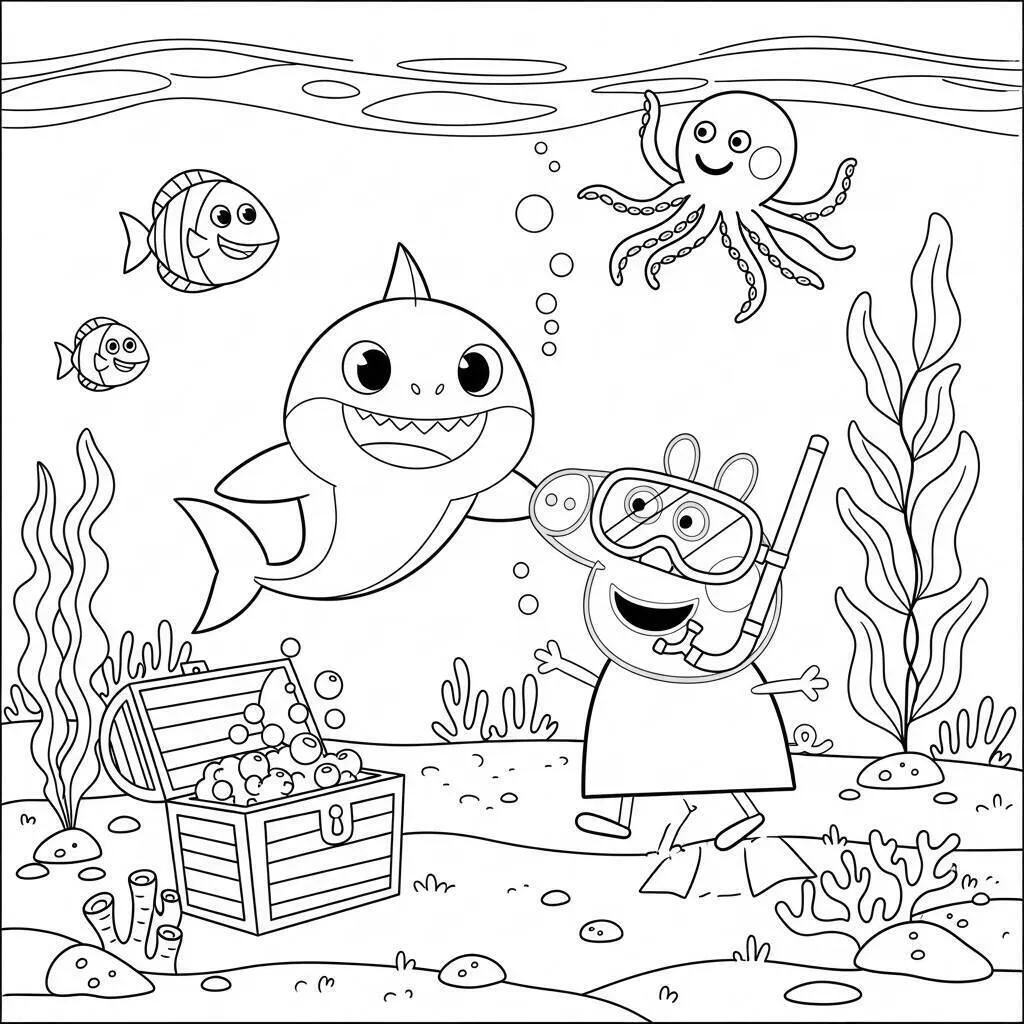 Desenho-do-Baby-Shark-e-a-Amiga-Peppa-para-Colorir Desenho do Baby Shark e a Amiga Peppa para Colorir