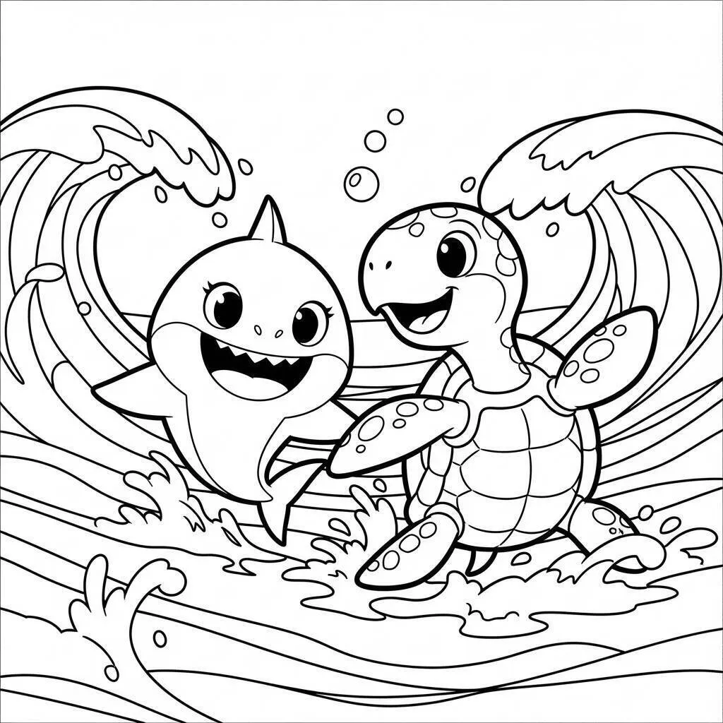 Desenho do Baby Shark e a Tartaruga para Colorir