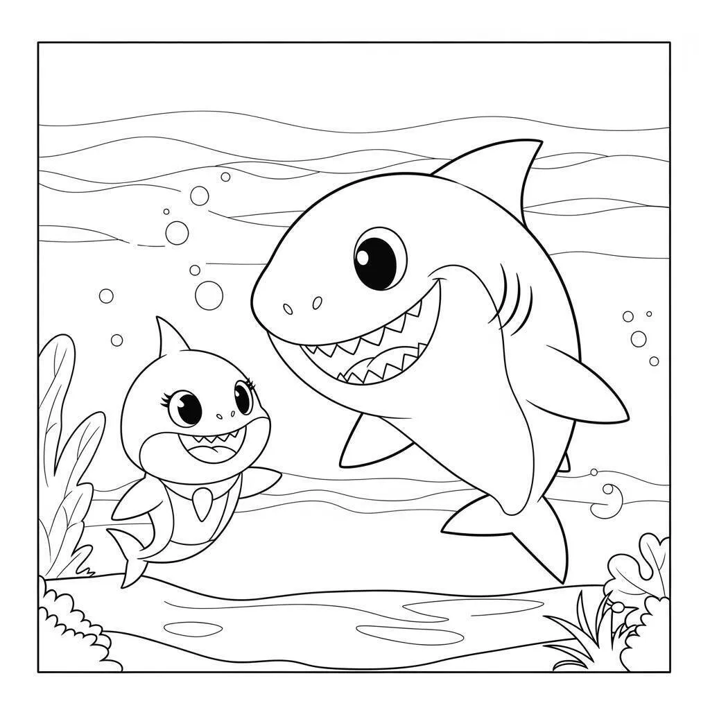 Desenho do Baby Shark e o Tubarão para Colorir