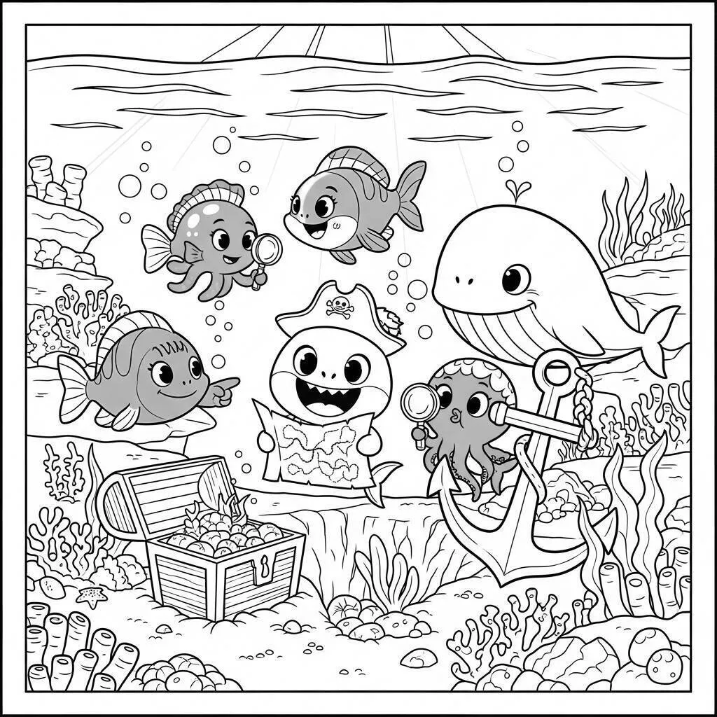 Desenho do Baby Shark e os Amigos na Aventura para Colorir
