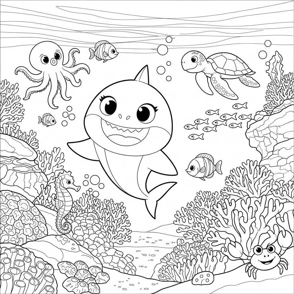 Desenho do Baby Shark e os Corais para Colorir