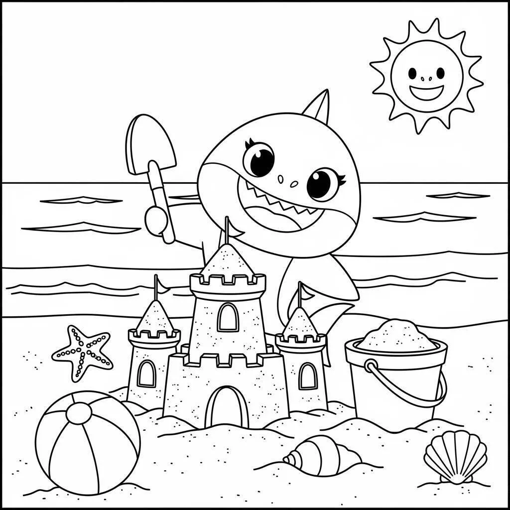 Desenho-do-Baby-Shark-na-Praia-para-Colorir Desenho do Baby Shark na Praia para Colorir