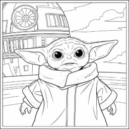 Desenho do Baby Yoda com Estrela da Morte para Colorir