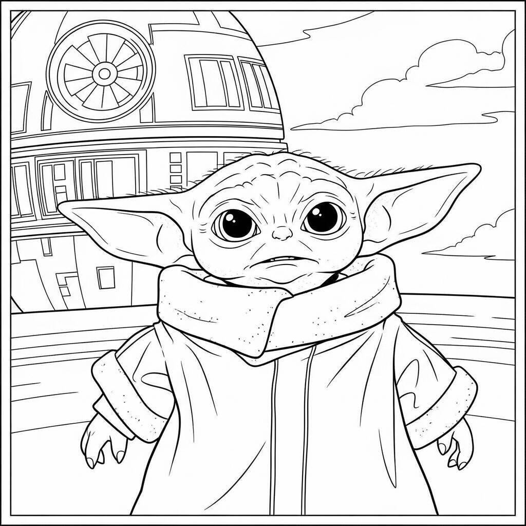Desenho do Baby Yoda com Estrela da Morte para Colorir