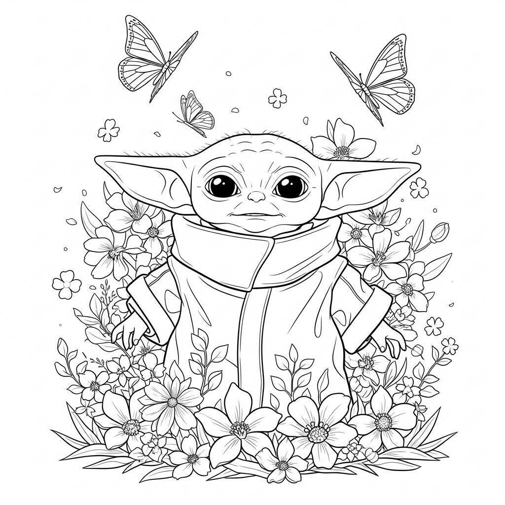 Desenho do Baby Yoda com Flores para Colorir