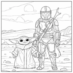Desenho do Baby Yoda com o Mandaloriano para Colorir