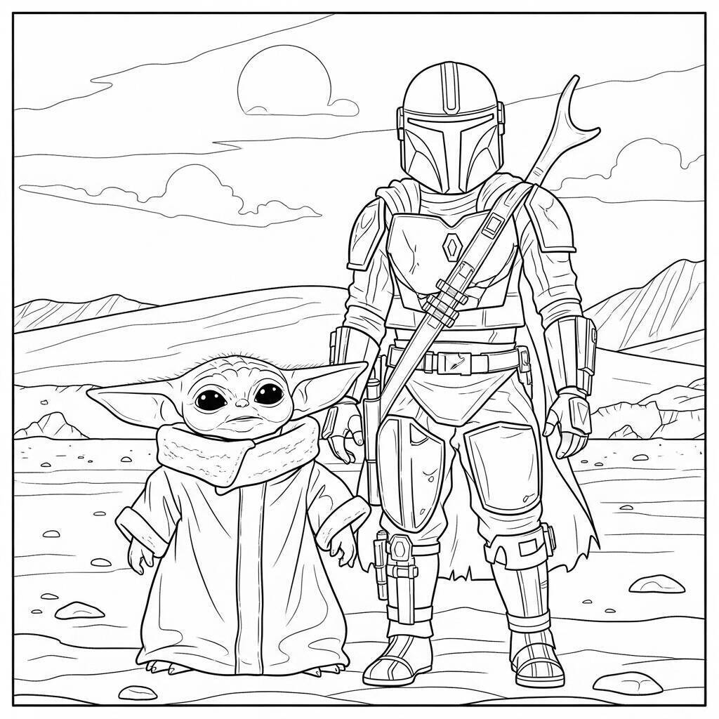 Desenho do Baby Yoda com o Mandaloriano para Colorir