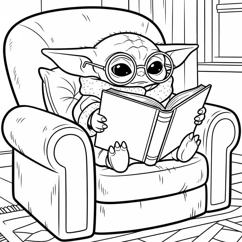 Desenho do Baby Yoda com um Livro para Colorir