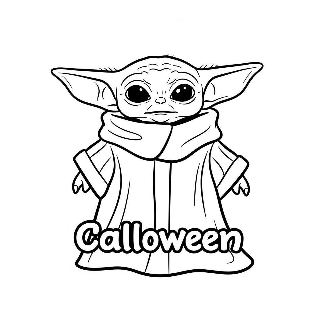Desenho do Baby Yoda com uma Fantasia de Halloween para Colorir