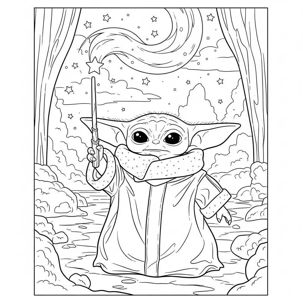 Desenho do Baby Yoda com uma Varinha Mágica para Colorir