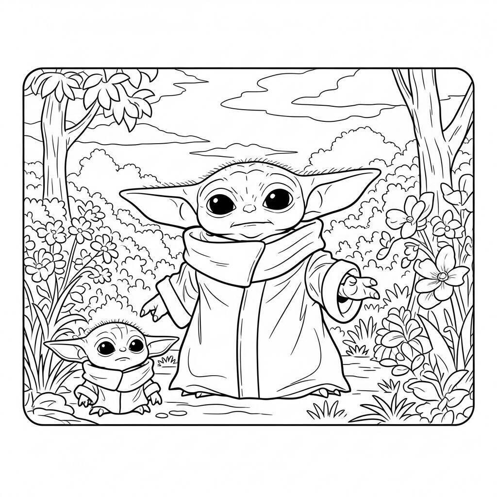 Desenho do Baby Yoda e seu Pet para Colorir