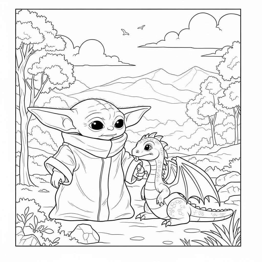 Desenho do Baby Yoda e um Dragão para Colorir