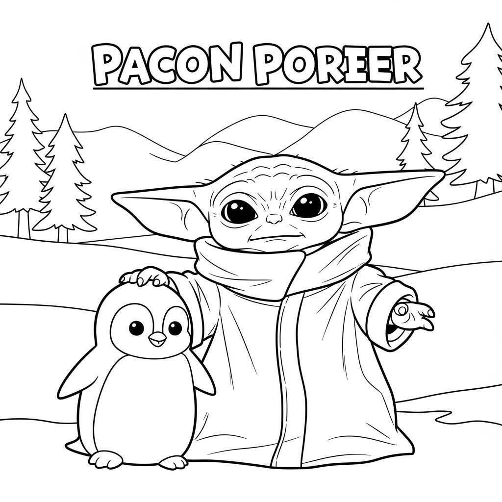 Desenho do Baby Yoda e um Pinguim para Colorir