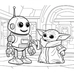 Desenho do Baby Yoda e um Robô para Colorir