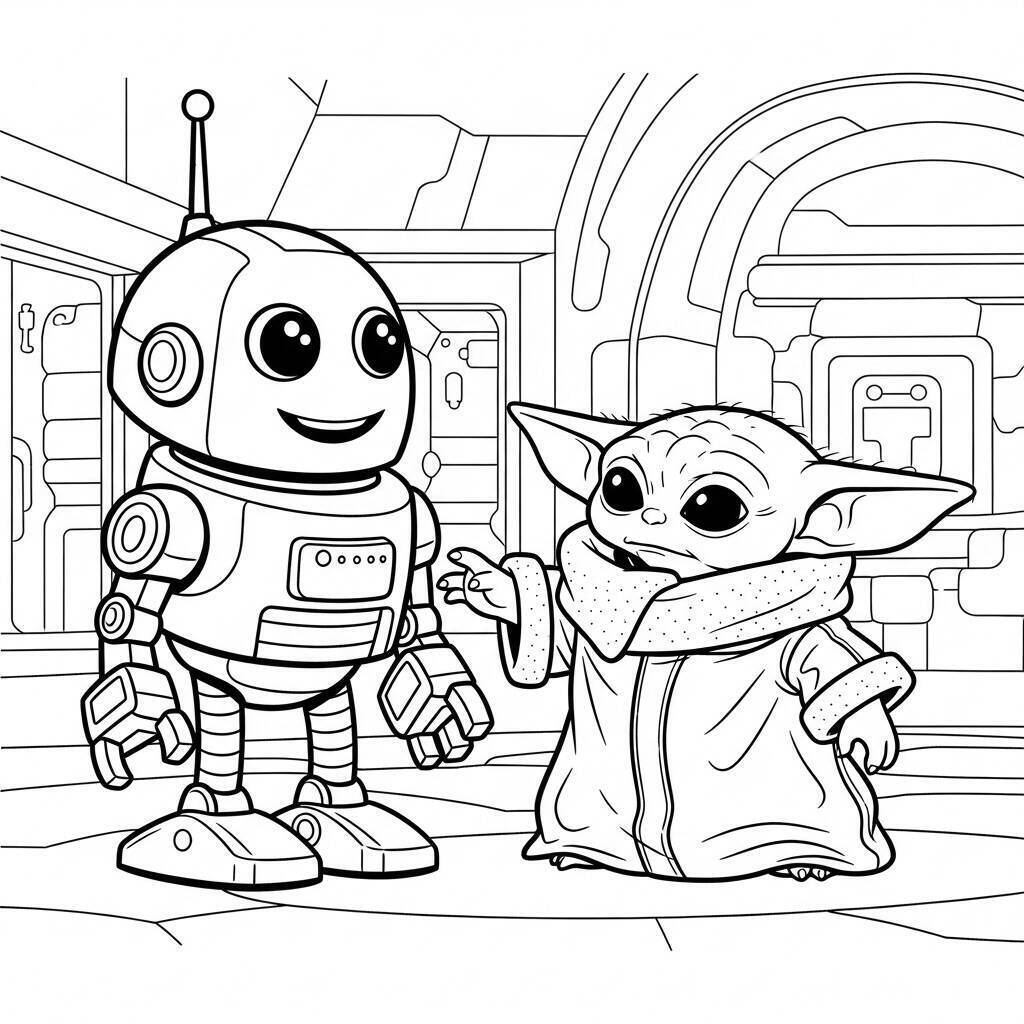 Desenho do Baby Yoda e um Robô para Colorir