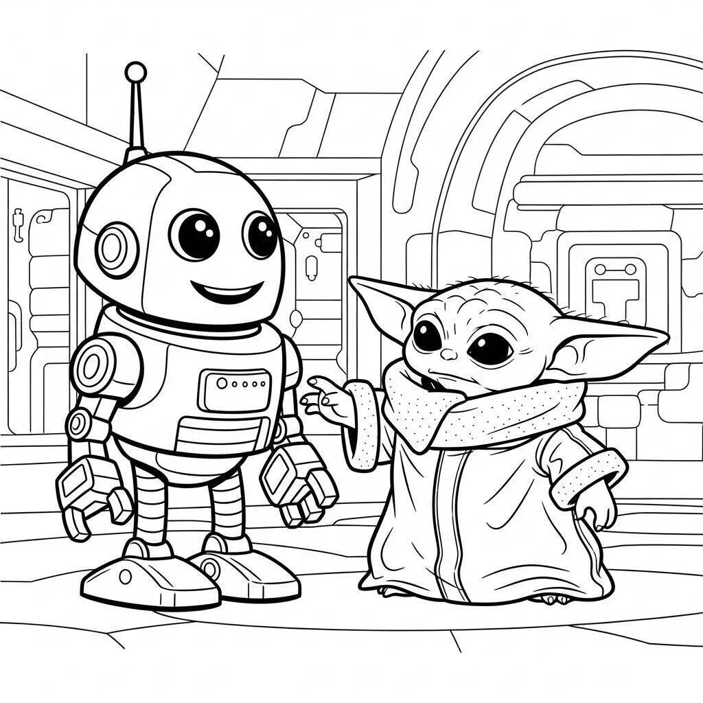 Desenho-do-Baby-Yoda-e-um-Robo-para-Colorir Desenho do Baby Yoda e um Robô para Colorir