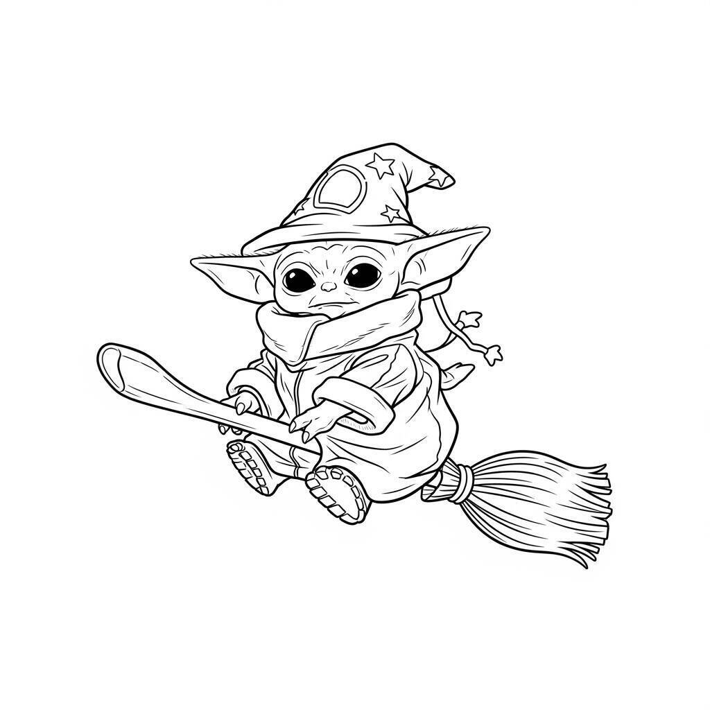 Desenho do Baby Yoda e uma Vassoura para Colorir
