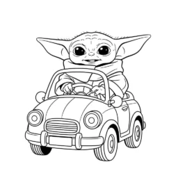 Desenho do Baby Yoda em um Carro para Colorir
