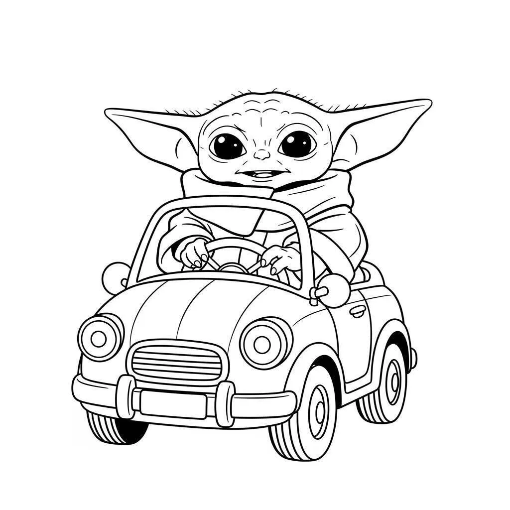 Desenho do Baby Yoda em um Carro para Colorir