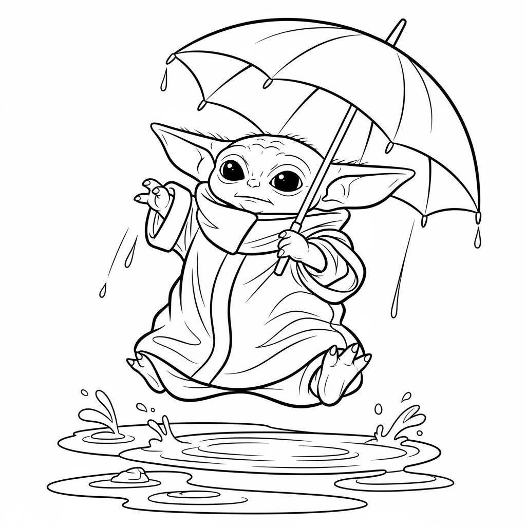 Desenho do Baby Yoda em um Dia de Chuva para Colorir