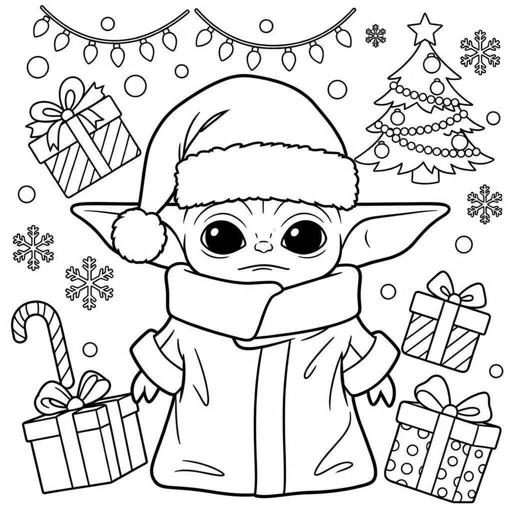 Desenho do Baby Yoda em um Dia de Natal para Colorir