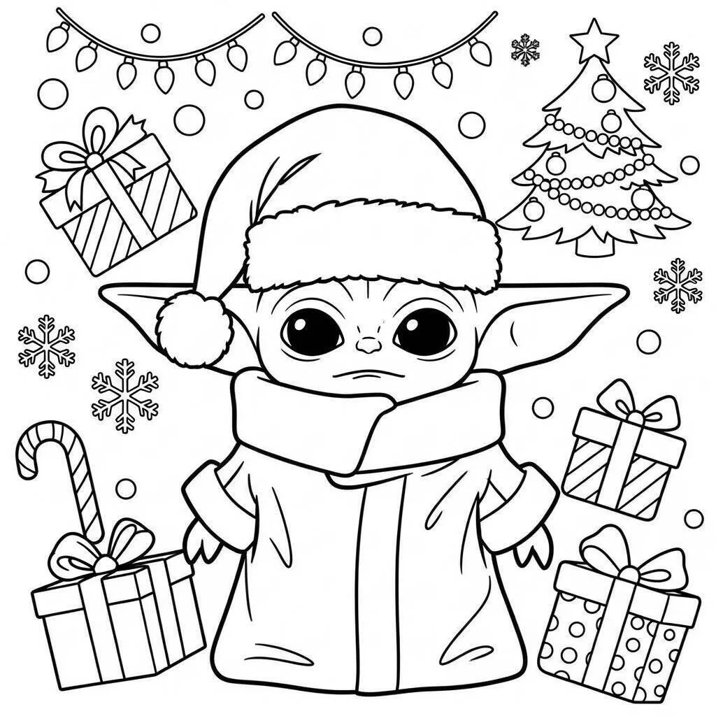 Desenho do Baby Yoda em um Dia de Natal para Colorir