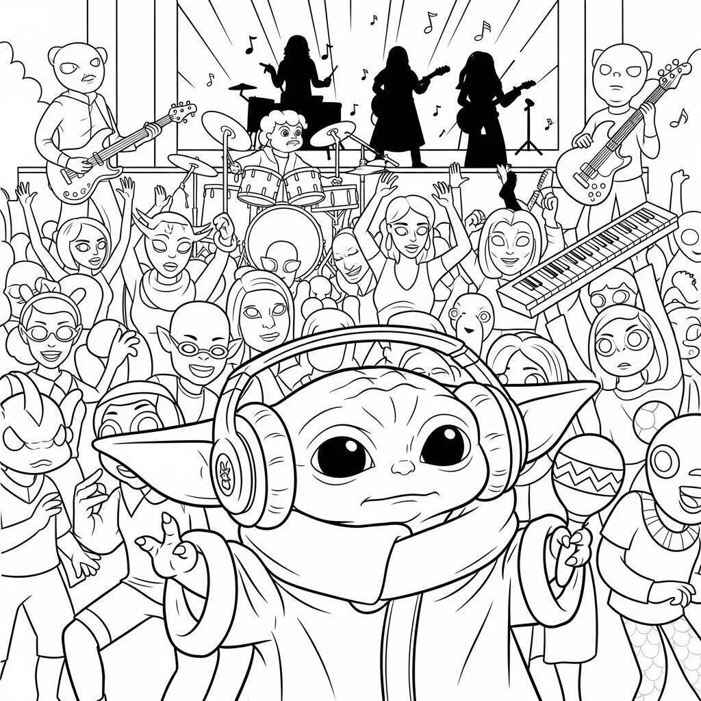 Desenho do Baby Yoda em um Festival de Música para Colorir