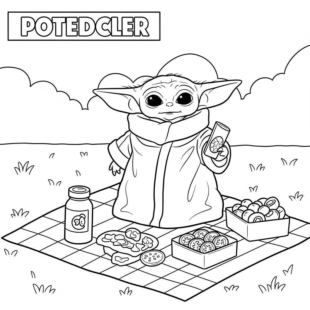 Desenho do Baby Yoda em um Picnic para Colorir