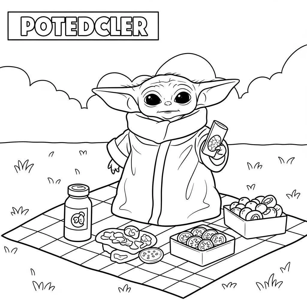 Desenho-do-Baby-Yoda-em-um-Picnic-para-Colorir Desenho do Baby Yoda em um Picnic para Colorir