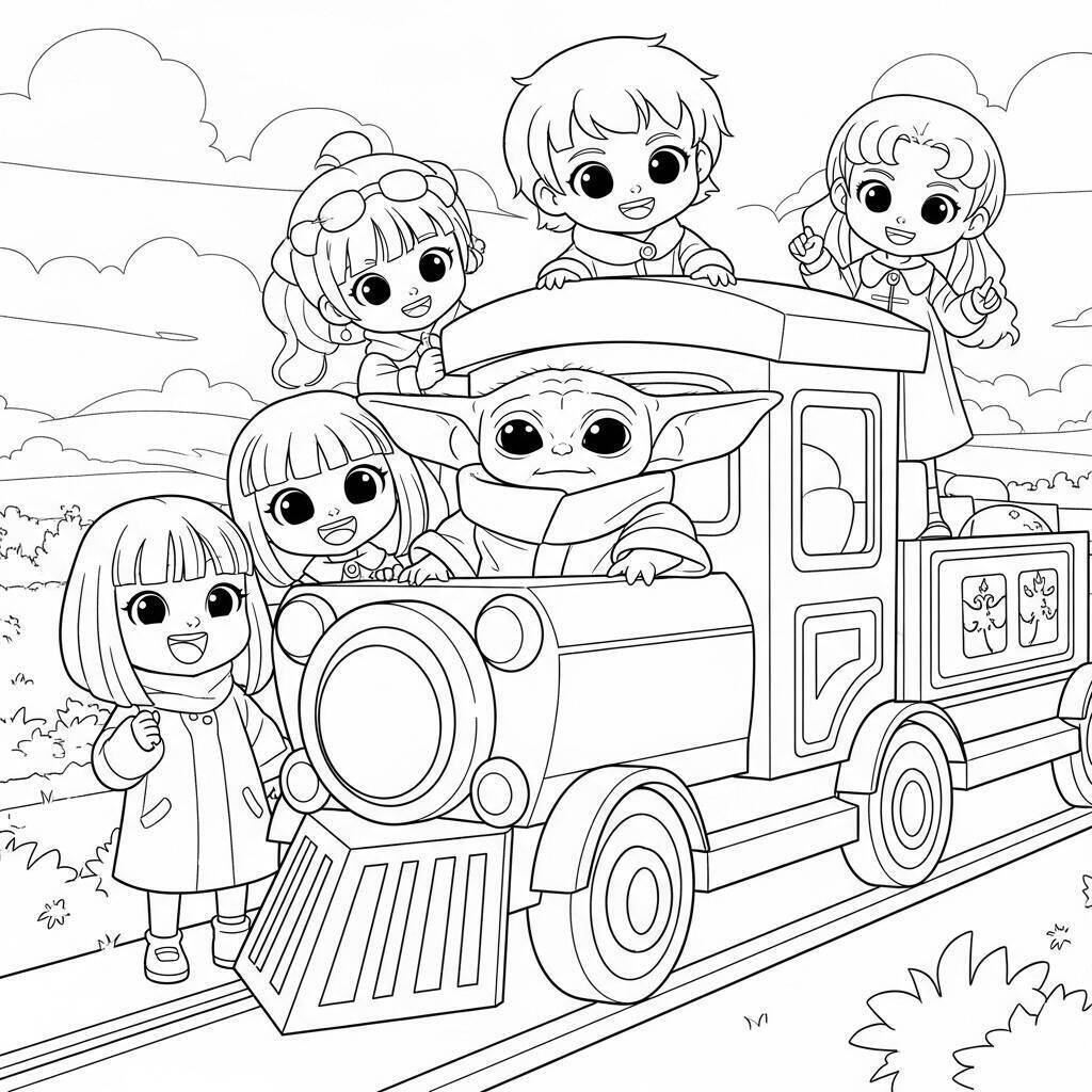 Desenho do Baby Yoda em um Trem para Colorir