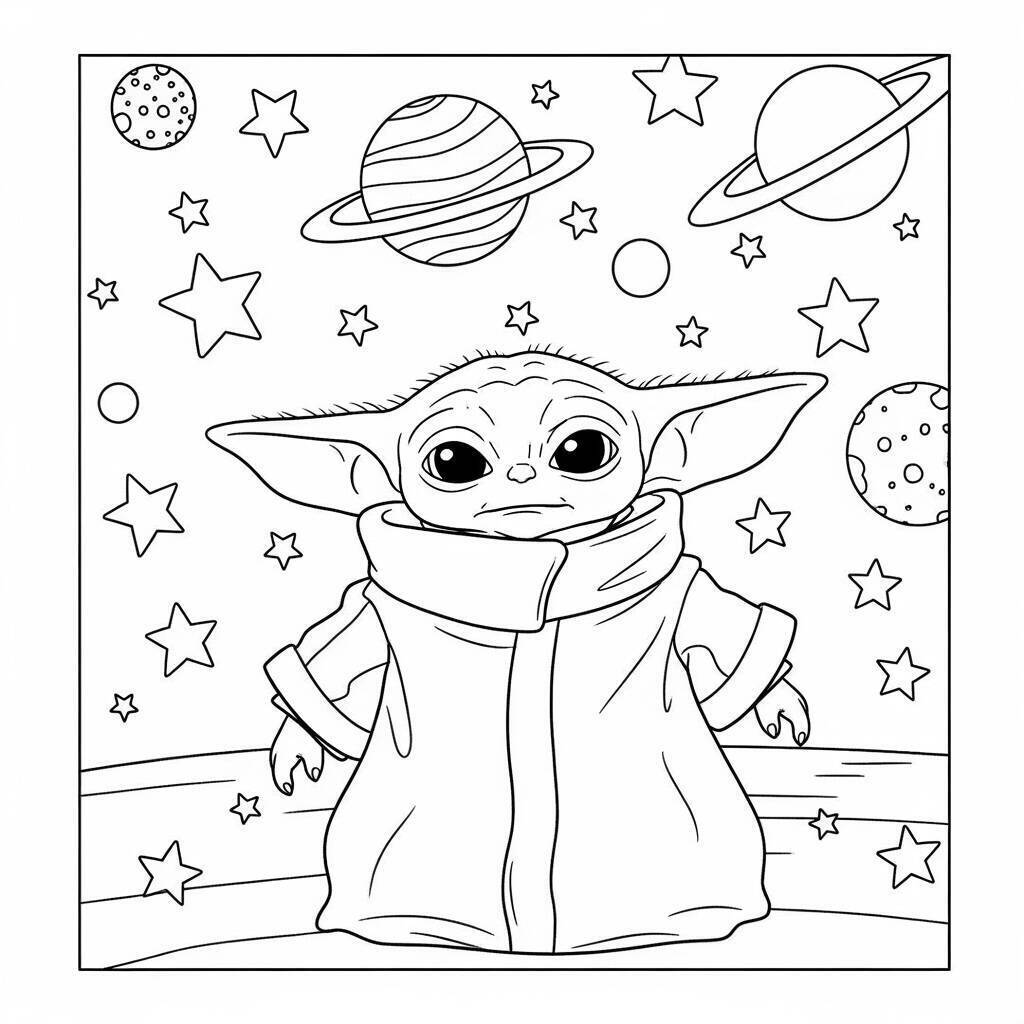 Desenho do Baby Yoda em uma Aventura Espacial para Colorir