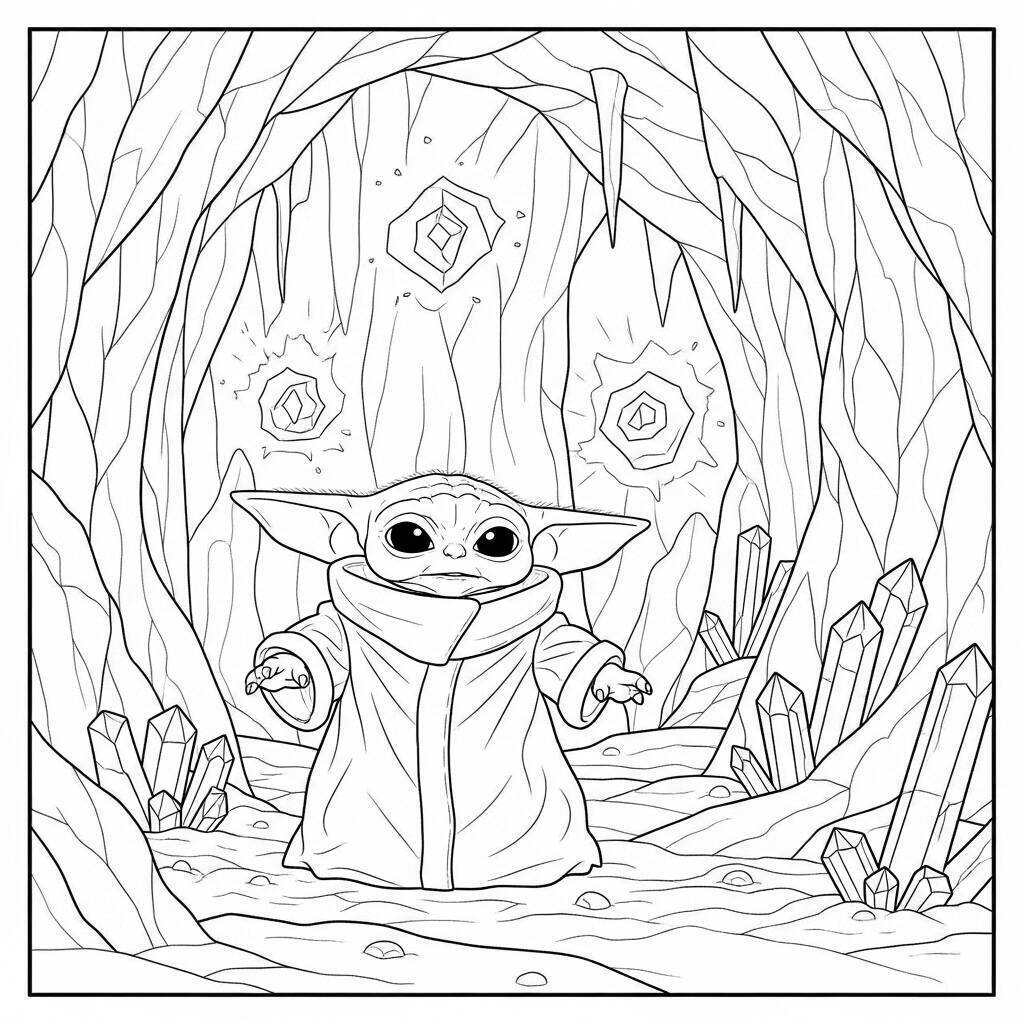 Desenho do Baby Yoda em uma Caverna para Colorir