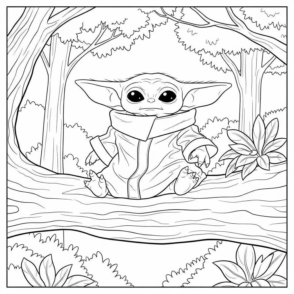 Desenho do Baby Yoda na Floresta para Colorir