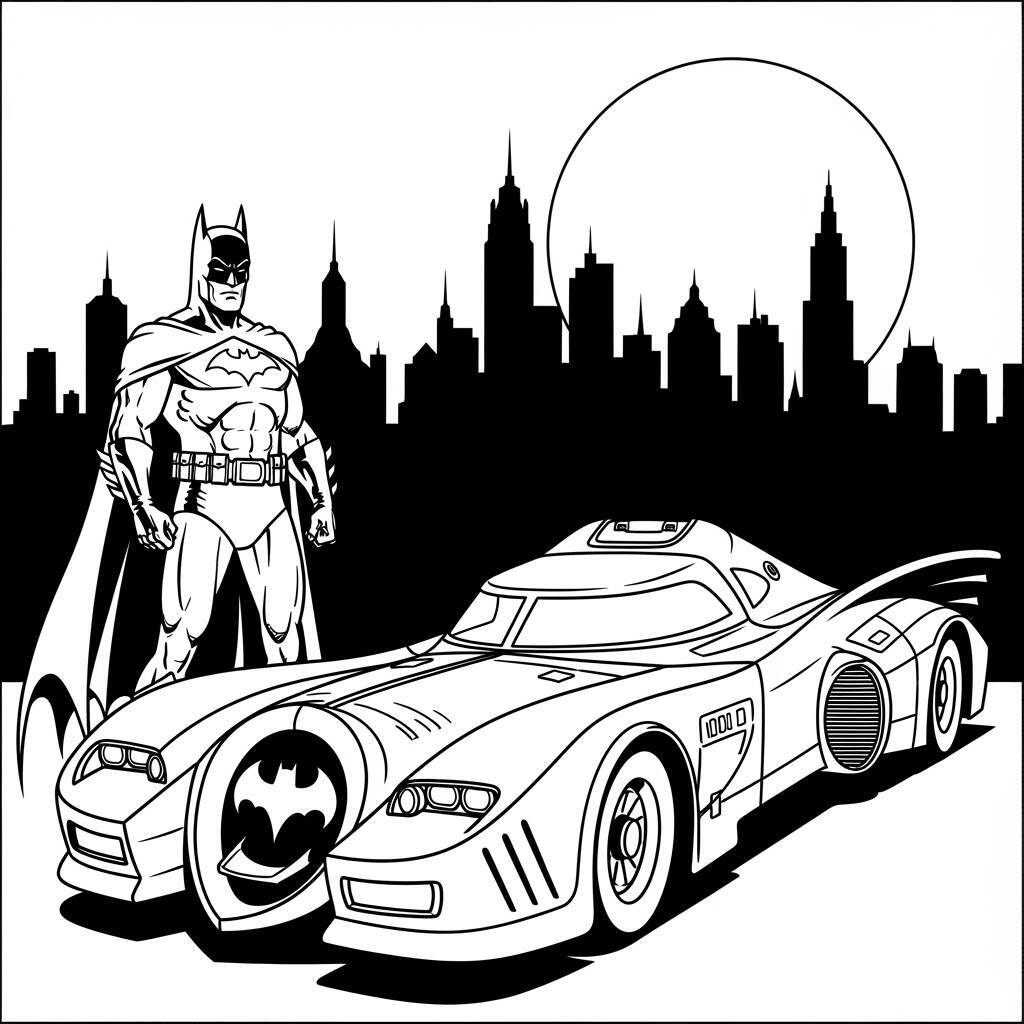 Desenho do Batman com o Batmóvel para Colorir