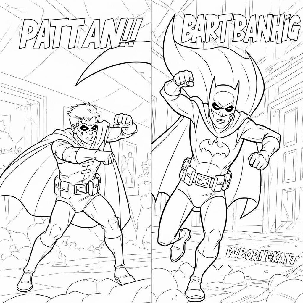 Desenho do Batman e Robin em Ação para Colorir