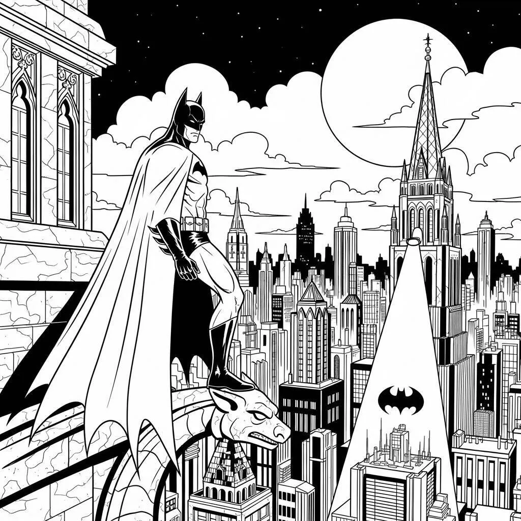 Desenho-do-Batman-na-Cidade-de-Gotham-para-Colorir Desenho do Batman na Cidade de Gotham para Colorir