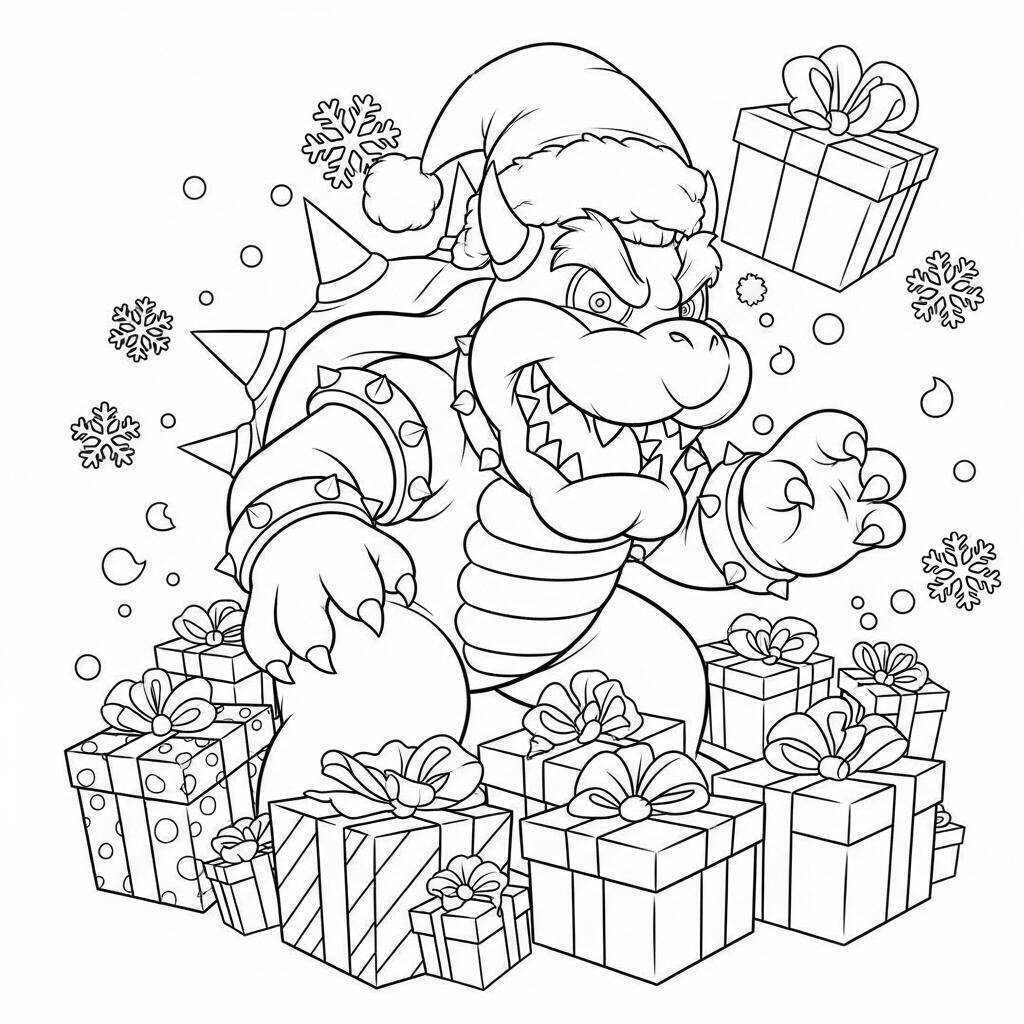 Bowser mit einer Weihnachtsmütze zum Ausmalen
