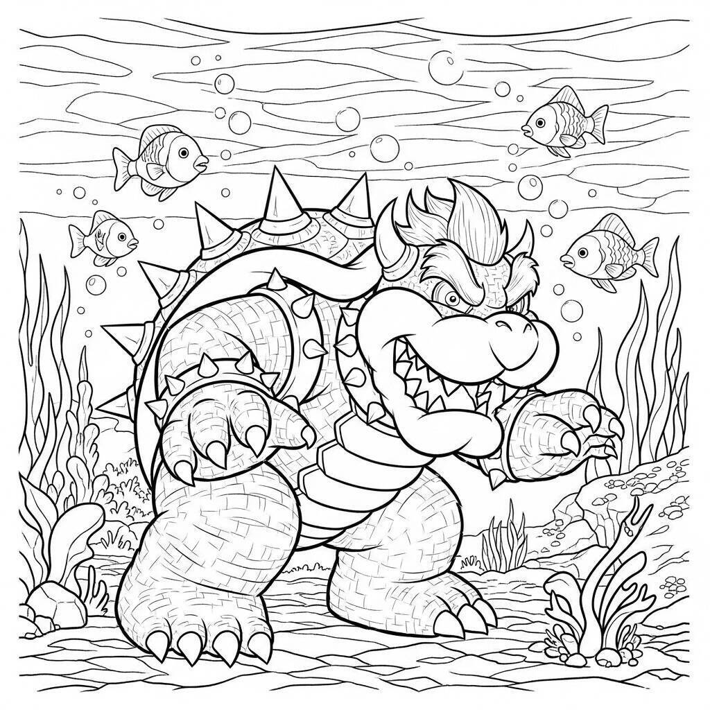 Ausmalbilder Bowser in einer Unterwasserwelt