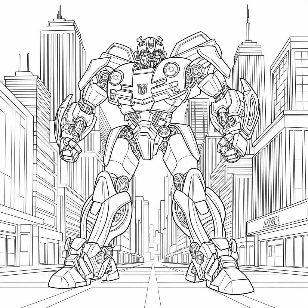 Desenho-do-Bumblebee-em-uma-cidade-para-Colorir Desenho do Bumblebee em uma cidade para Colorir